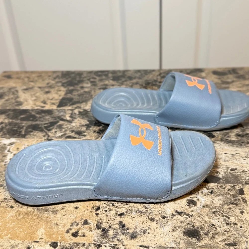 Under Armour Kids Slides Blue Orange Athletic Sandals Size 11K
